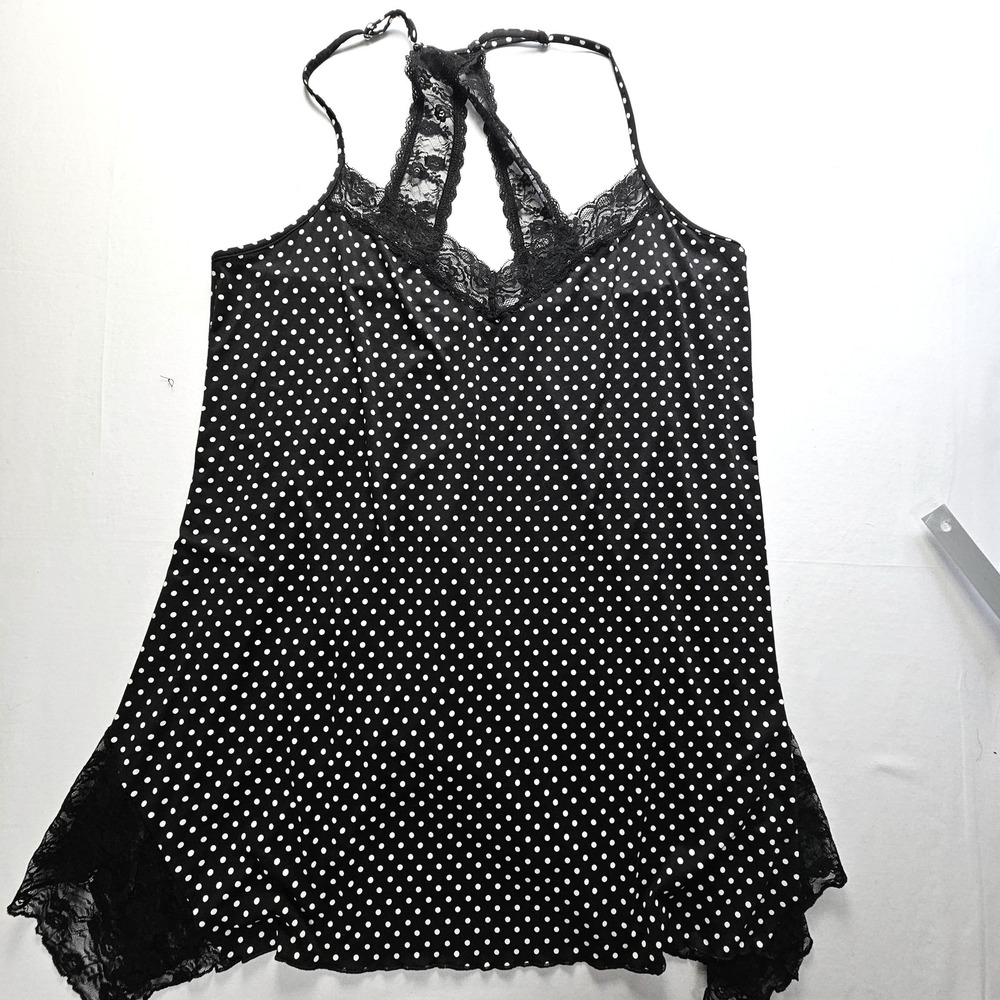 Black White Polka Dot Lace Trim Racerback Chemise Nightgown Sleepwear